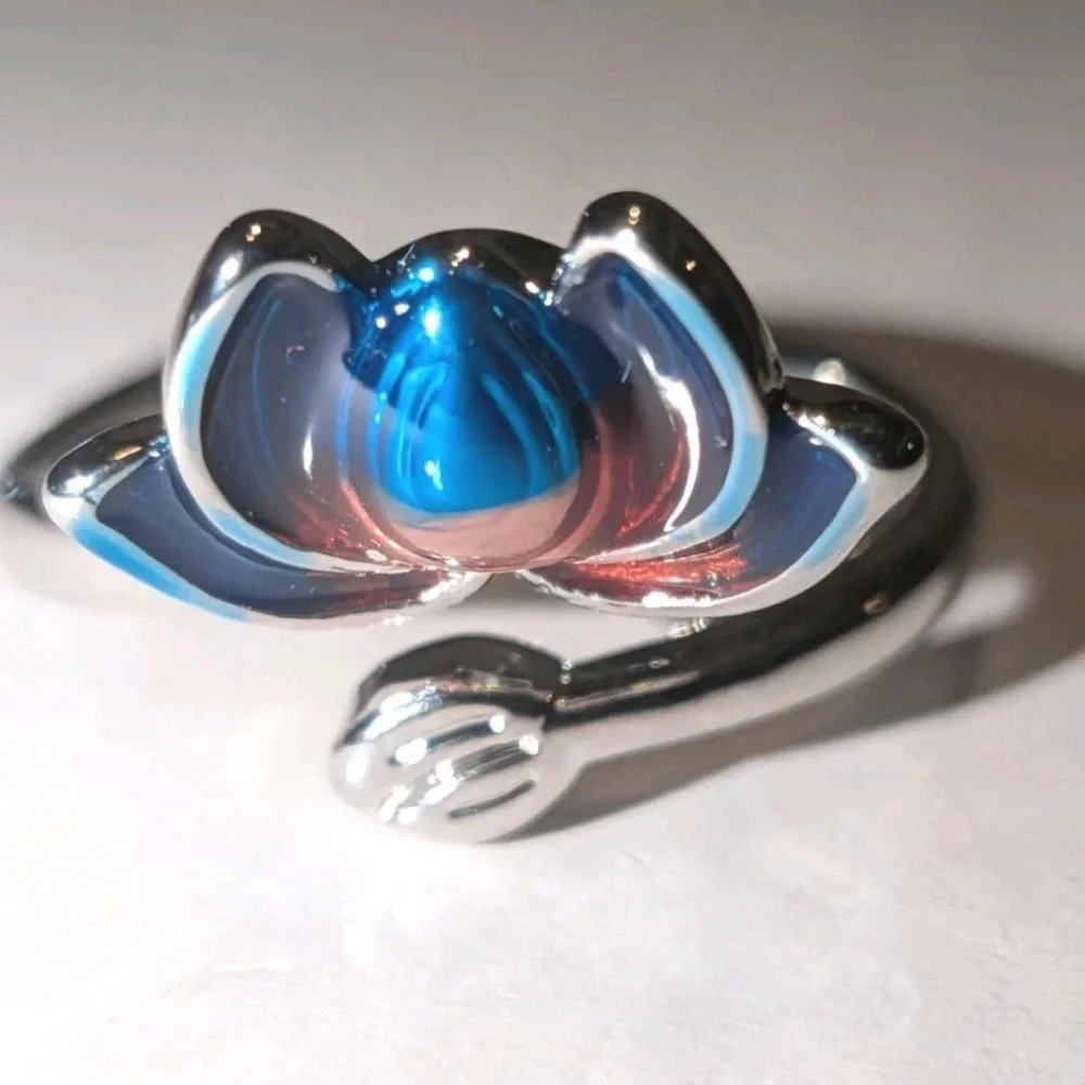 Women's Sterling Silver 925 Blue-Purple Lotus Flower Cloisonne Adjustable Size